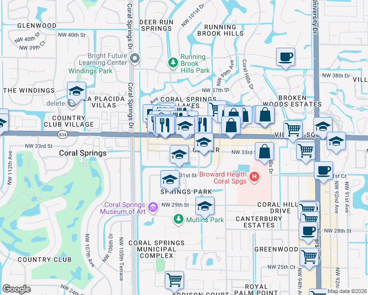 map of restaurants, bars, coffee shops, grocery stores, and more near 10192 Northwest 33rd Street in Coral Springs
