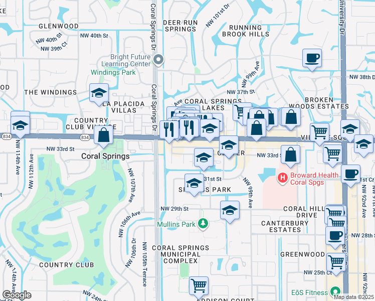 map of restaurants, bars, coffee shops, grocery stores, and more near 10254 Northwest 33rd Street in Coral Springs