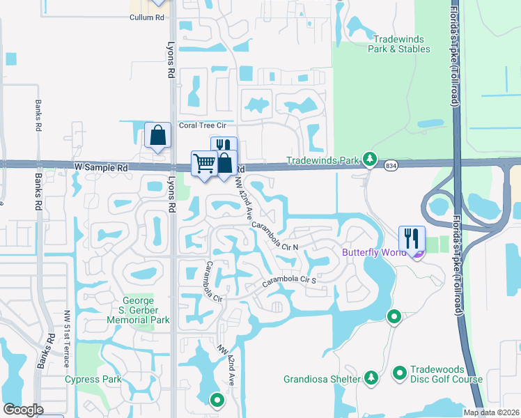 map of restaurants, bars, coffee shops, grocery stores, and more near 3559 Northwest 42nd Avenue in Coconut Creek