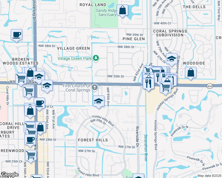 map of restaurants, bars, coffee shops, grocery stores, and more near 3351 Northwest 85th Avenue in Coral Springs