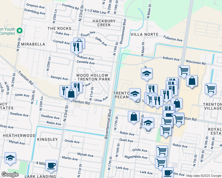 map of restaurants, bars, coffee shops, grocery stores, and more near 7405 North 17th Street in McAllen
