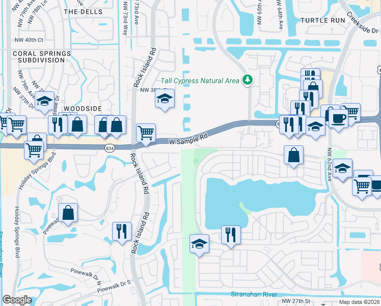 map of restaurants, bars, coffee shops, grocery stores, and more near 6797 Northwest 32nd Court in Margate
