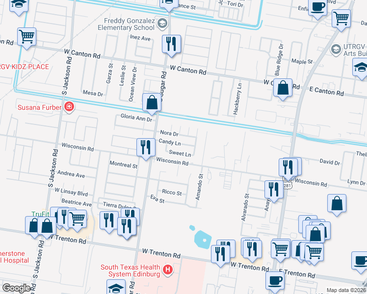 map of restaurants, bars, coffee shops, grocery stores, and more near 1338 Sweet Lane in Edinburg