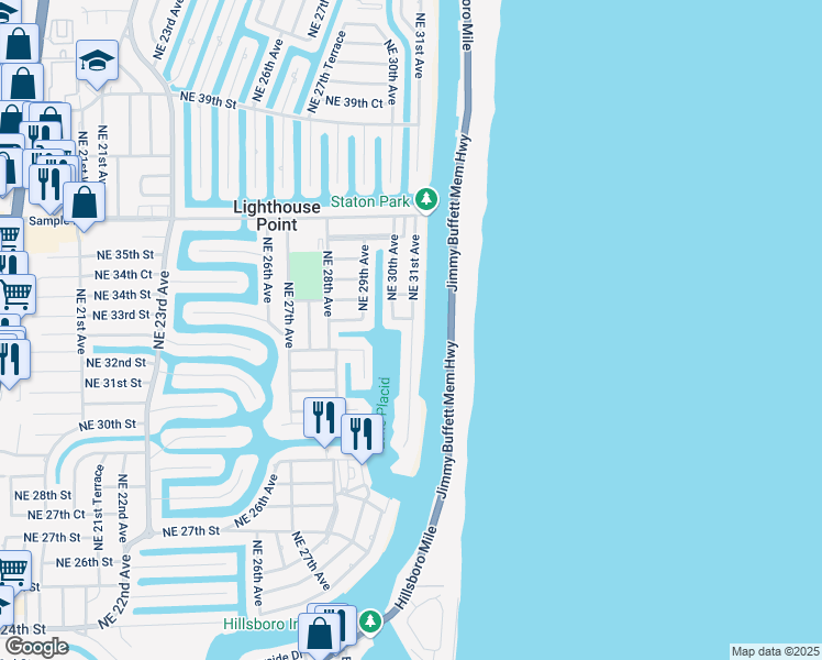 map of restaurants, bars, coffee shops, grocery stores, and more near 3217 Northeast 31st Avenue in Lighthouse Point