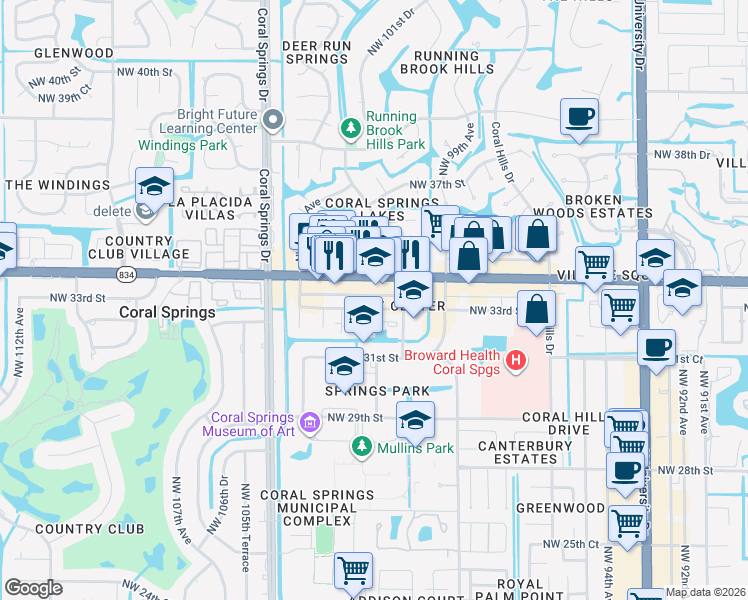map of restaurants, bars, coffee shops, grocery stores, and more near 10192 Northwest 33rd Street in Coral Springs