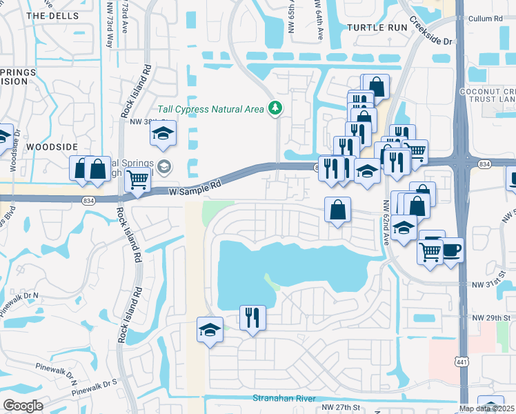 map of restaurants, bars, coffee shops, grocery stores, and more near 3394 Treasure Lane in Margate
