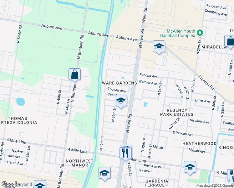 map of restaurants, bars, coffee shops, grocery stores, and more near 3900 Thunderbird Avenue in McAllen