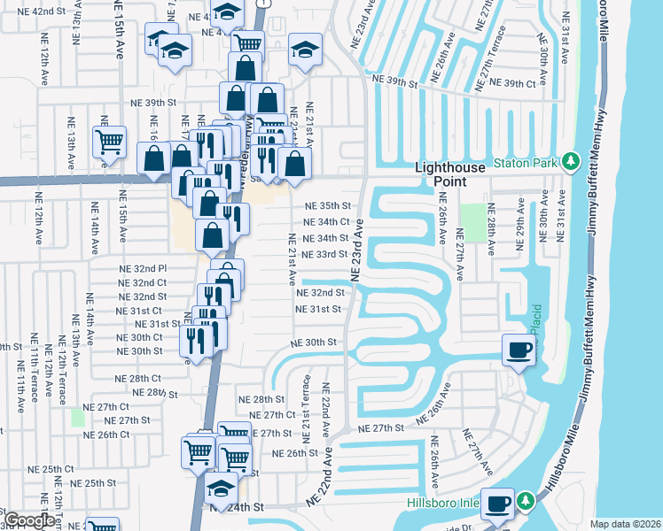 map of restaurants, bars, coffee shops, grocery stores, and more near 2230 Northeast 32nd Court in Lighthouse Point