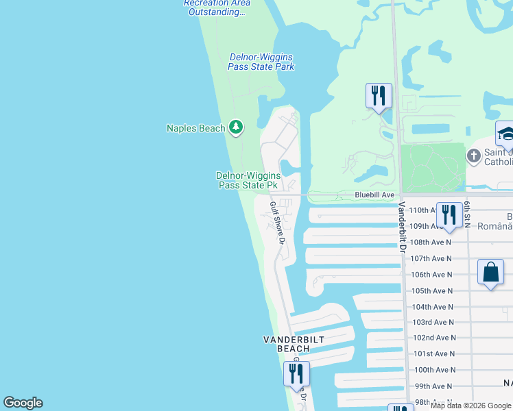 map of restaurants, bars, coffee shops, grocery stores, and more near 11125 Gulf Shore Drive in Naples