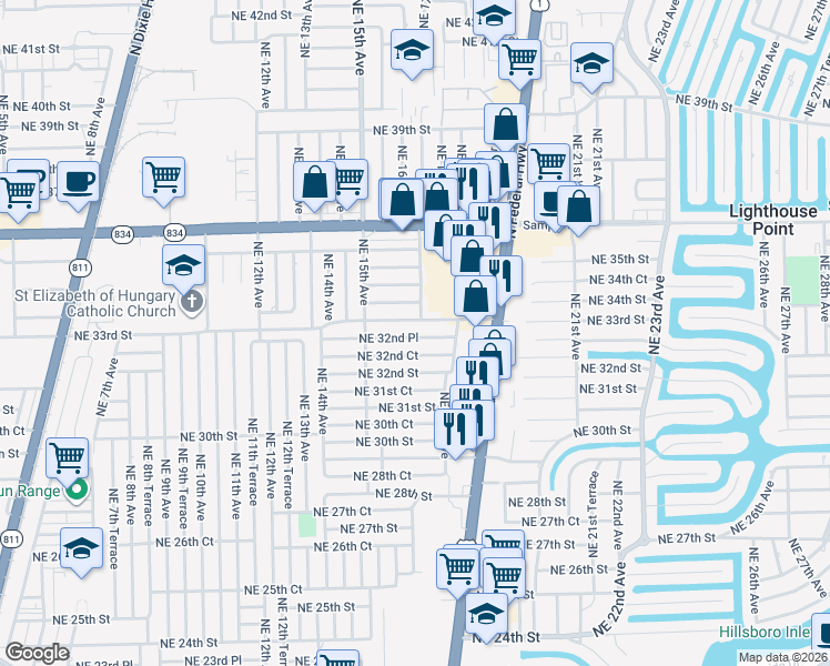 map of restaurants, bars, coffee shops, grocery stores, and more near 1561 Northeast 32nd Court in Pompano Beach