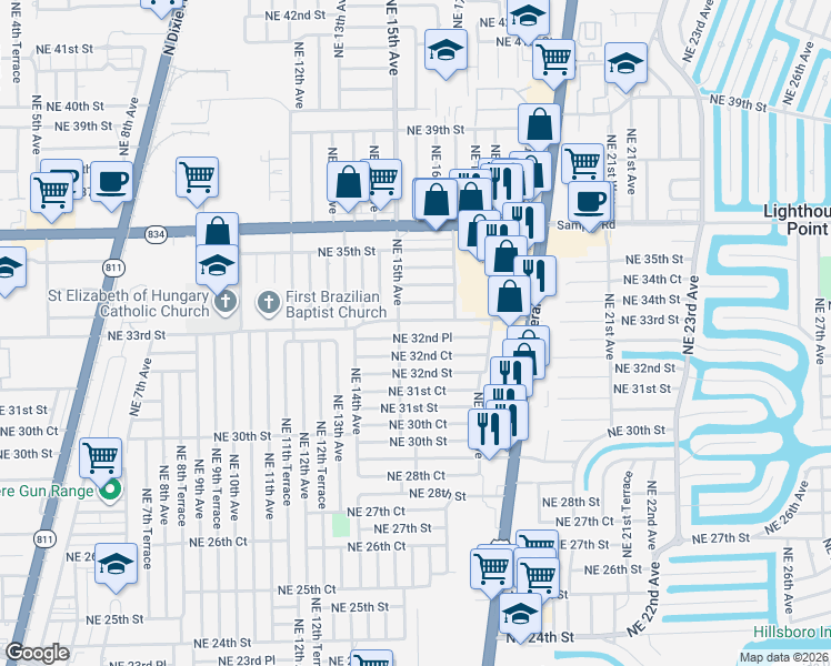 map of restaurants, bars, coffee shops, grocery stores, and more near 1461 Northeast 32nd Court in Pompano Beach