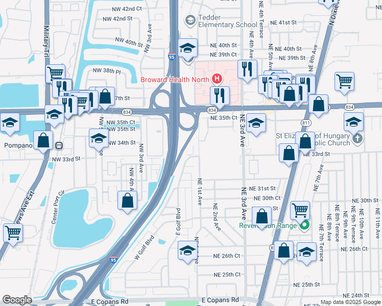 map of restaurants, bars, coffee shops, grocery stores, and more near 3240 East Golf Boulevard in Pompano Beach