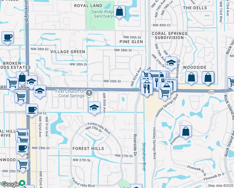 map of restaurants, bars, coffee shops, grocery stores, and more near 8404 West Sample Road in Coral Springs
