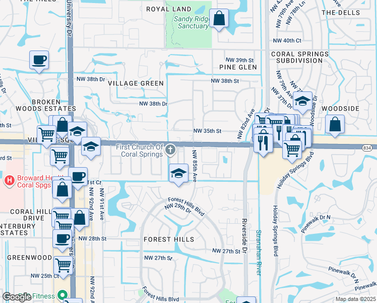 map of restaurants, bars, coffee shops, grocery stores, and more near 3351 Northwest 85th Avenue in Coral Springs