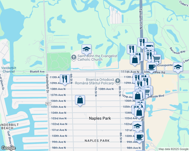 map of restaurants, bars, coffee shops, grocery stores, and more near 693 109th Avenue North in Naples