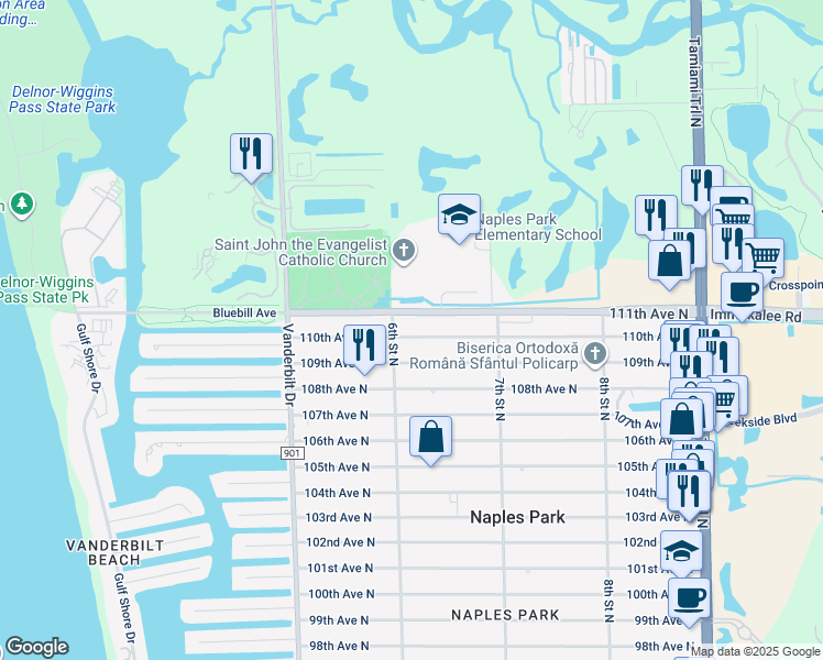map of restaurants, bars, coffee shops, grocery stores, and more near 612 110th Avenue North in Naples