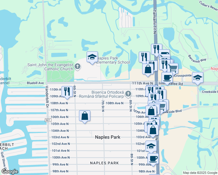 map of restaurants, bars, coffee shops, grocery stores, and more near 723 110th Avenue North in Naples
