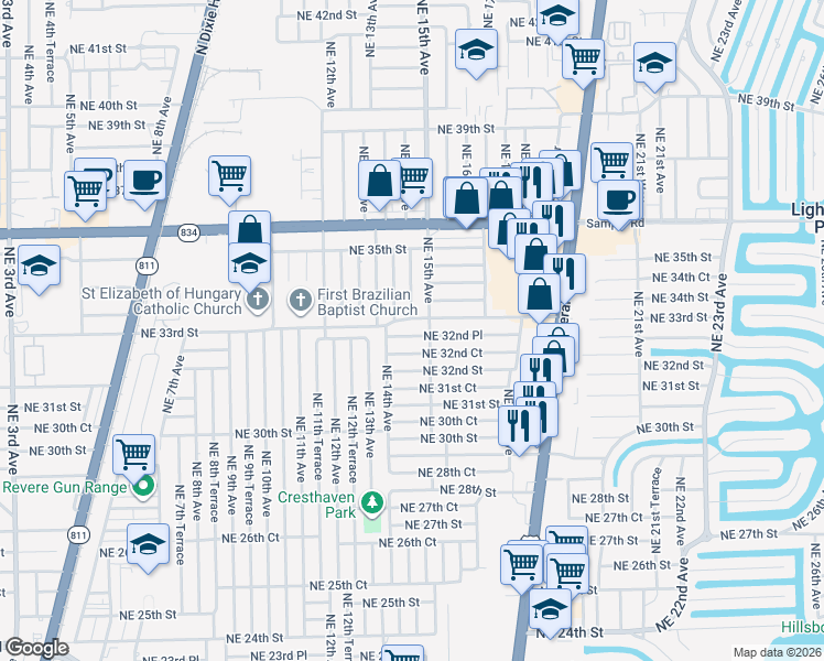 map of restaurants, bars, coffee shops, grocery stores, and more near 1441 Northeast 32nd Place in Pompano Beach