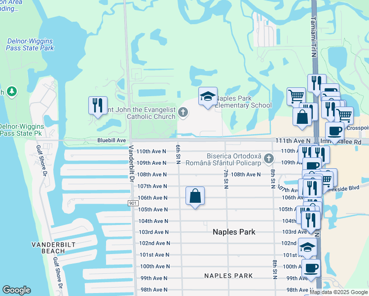 map of restaurants, bars, coffee shops, grocery stores, and more near 611 110th Avenue North in Naples
