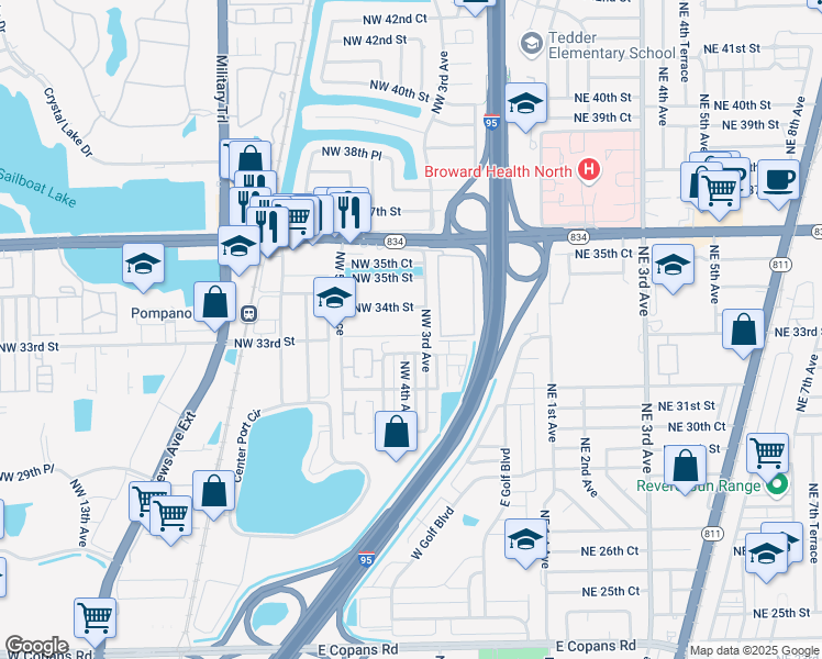 map of restaurants, bars, coffee shops, grocery stores, and more near 300 Northwest 34th Street in Pompano Beach