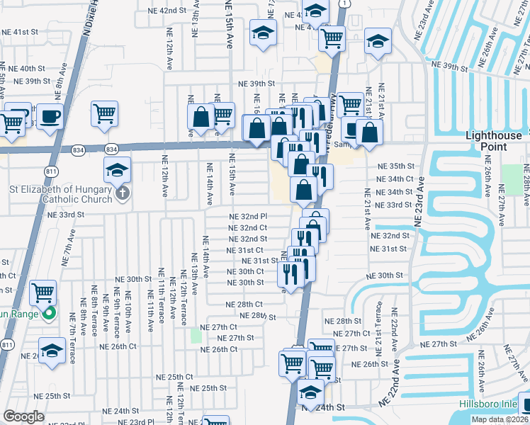map of restaurants, bars, coffee shops, grocery stores, and more near 1561 Northeast 32nd Court in Pompano Beach