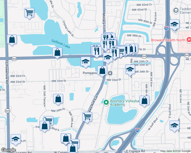 map of restaurants, bars, coffee shops, grocery stores, and more near 1087 Northwest 33rd Street in Pompano Beach