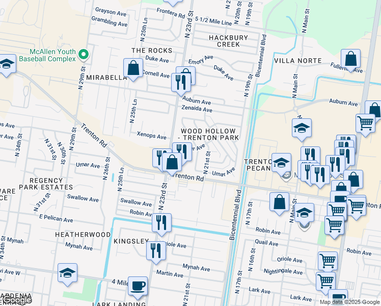 map of restaurants, bars, coffee shops, grocery stores, and more near 7410 North 22nd Lane in McAllen