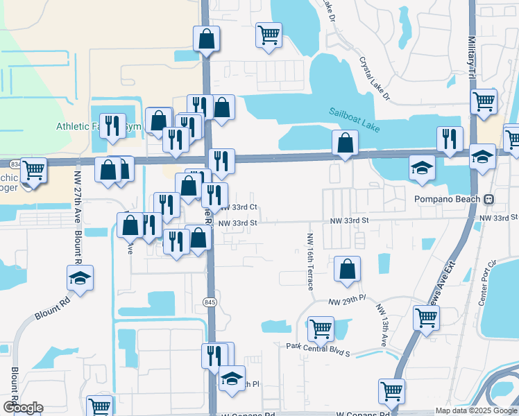 map of restaurants, bars, coffee shops, grocery stores, and more near 1088 Northwest 33rd Court in Pompano Beach