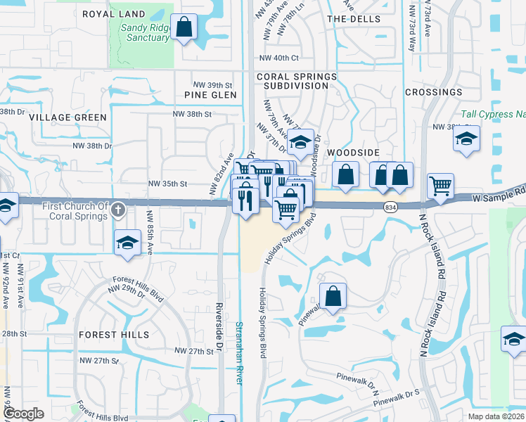 map of restaurants, bars, coffee shops, grocery stores, and more near 8010 West Sample Road in Pompano Beach