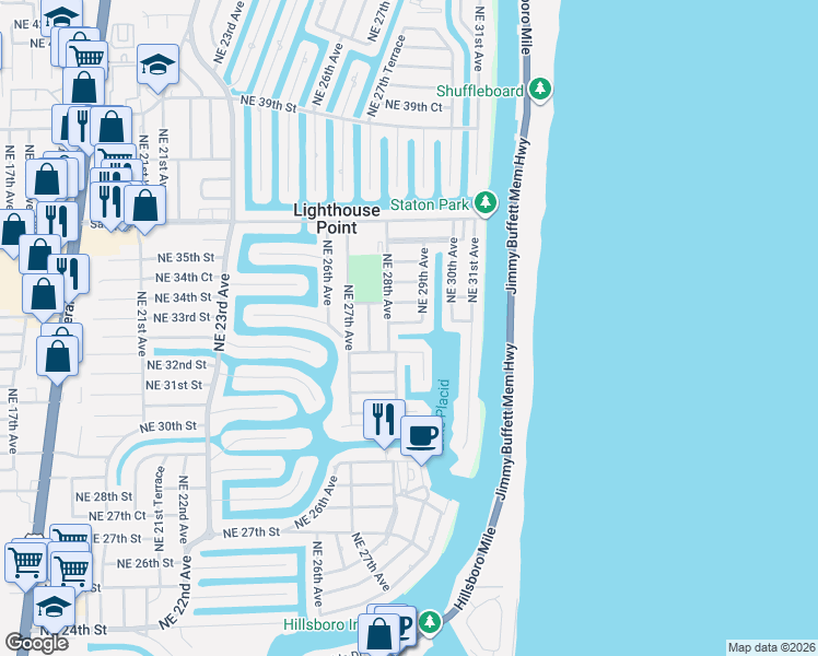 map of restaurants, bars, coffee shops, grocery stores, and more near 3340 Northeast 28th Avenue in Lighthouse Point