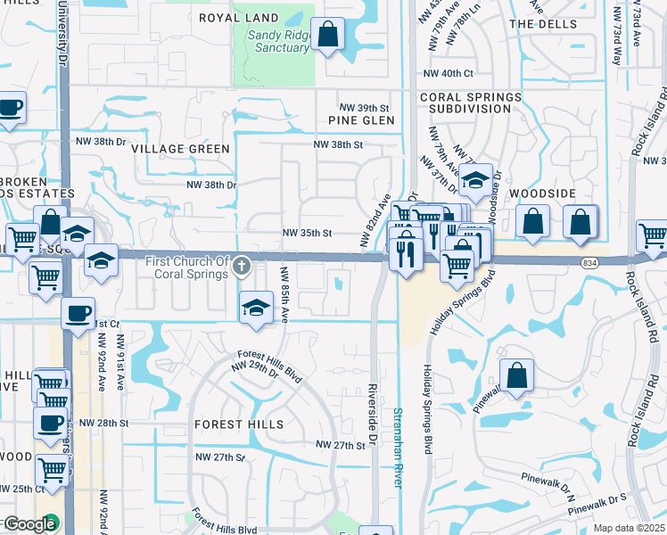 map of restaurants, bars, coffee shops, grocery stores, and more near 8307 West Sample Road in Coral Springs