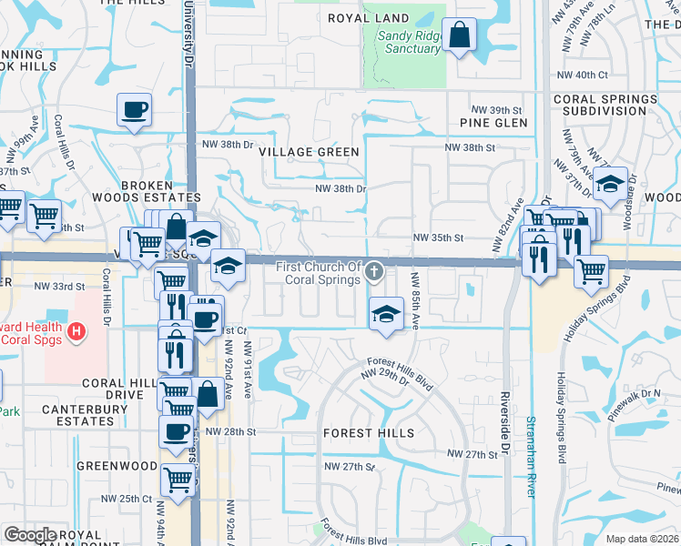 map of restaurants, bars, coffee shops, grocery stores, and more near 10185 West Sample Road in Coral Springs