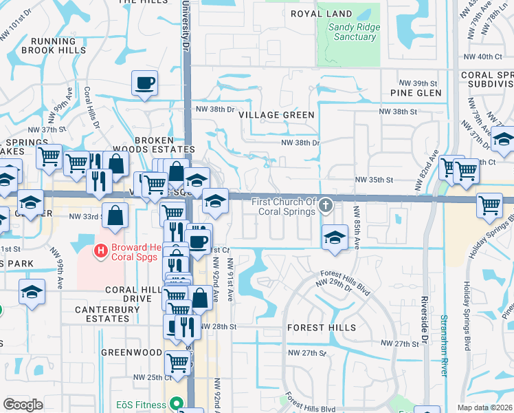 map of restaurants, bars, coffee shops, grocery stores, and more near 8940 West Sample Road in Coral Springs