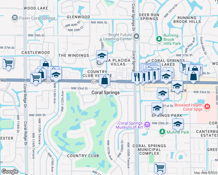 map of restaurants, bars, coffee shops, grocery stores, and more near 10830 West Sample Road in Coral Springs