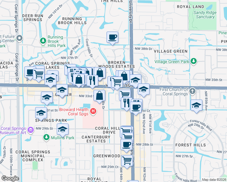 map of restaurants, bars, coffee shops, grocery stores, and more near 9500 West Sample Road in Coral Springs