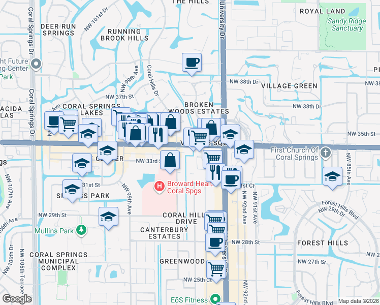 map of restaurants, bars, coffee shops, grocery stores, and more near 9530 West Sample Road in Coral Springs