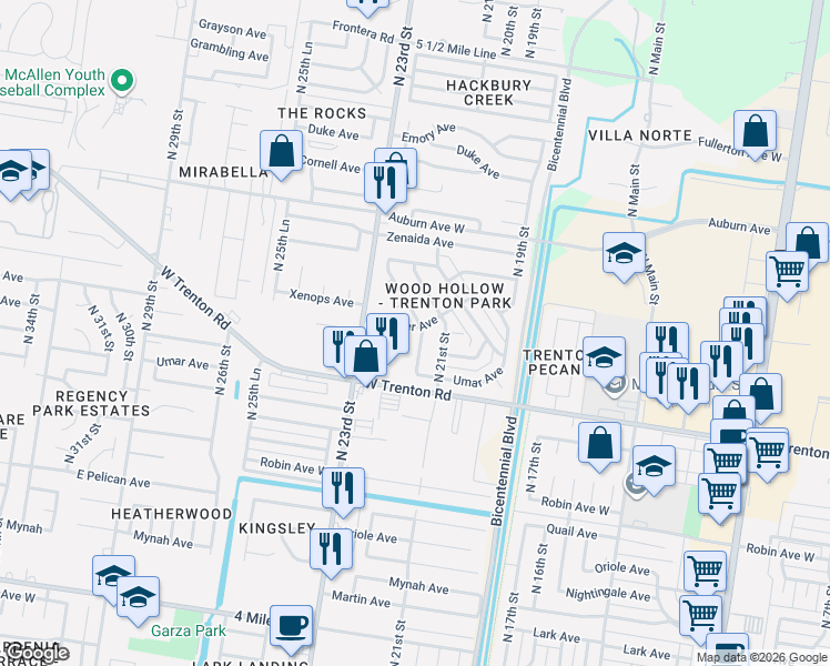 map of restaurants, bars, coffee shops, grocery stores, and more near 7413 North 22nd Street in McAllen