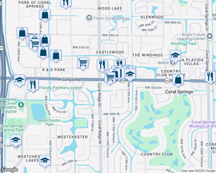 map of restaurants, bars, coffee shops, grocery stores, and more near 11600 West Sample Road in Coral Springs
