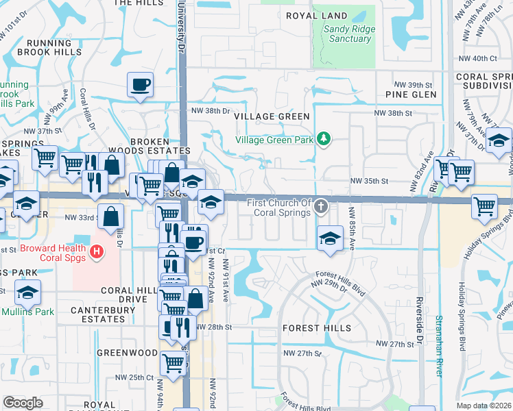 map of restaurants, bars, coffee shops, grocery stores, and more near 8940 West Sample Road in Coral Springs