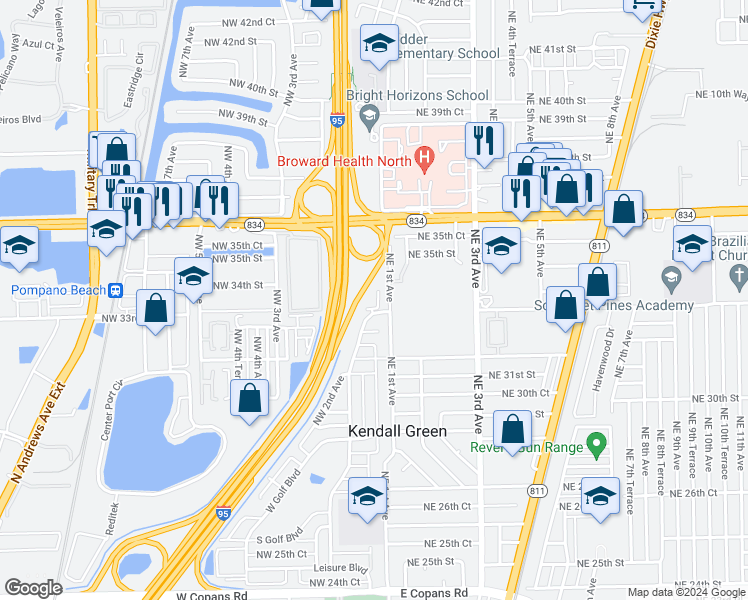 map of restaurants, bars, coffee shops, grocery stores, and more near 3281 East Golf Boulevard in Pompano Beach
