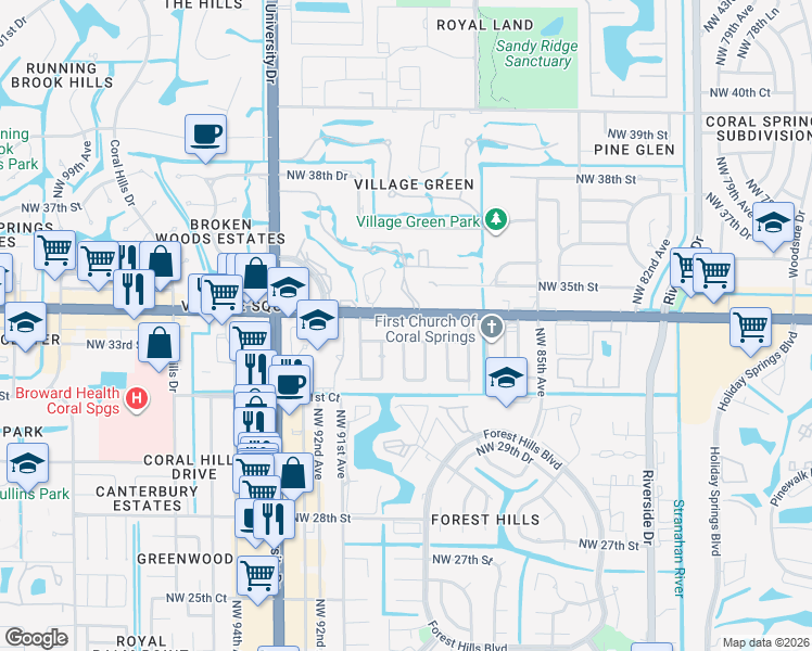 map of restaurants, bars, coffee shops, grocery stores, and more near 8940 West Sample Road in Coral Springs