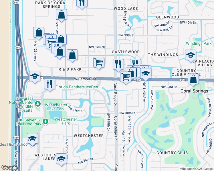 map of restaurants, bars, coffee shops, grocery stores, and more near in Coral Springs