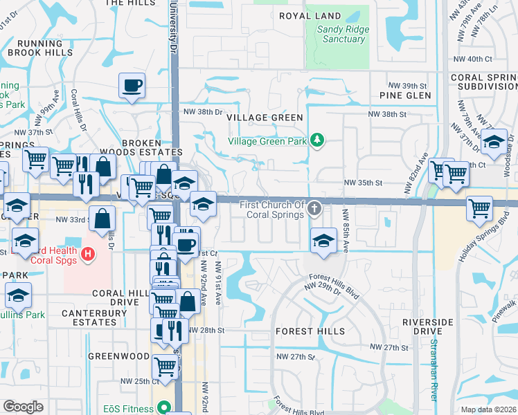 map of restaurants, bars, coffee shops, grocery stores, and more near 8940 West Sample Road in Coral Springs