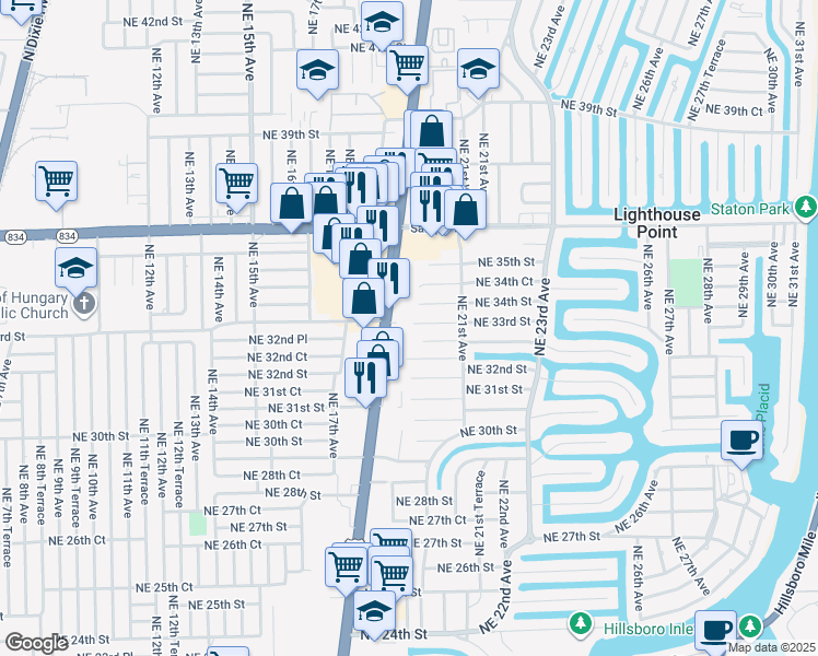 map of restaurants, bars, coffee shops, grocery stores, and more near 1950 Northeast 34th Street in Lighthouse Point