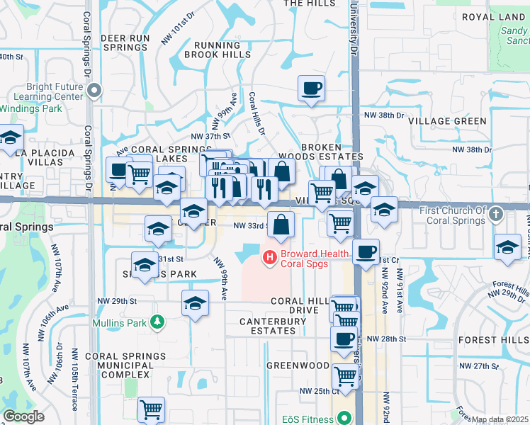 map of restaurants, bars, coffee shops, grocery stores, and more near 9732 West Sample Road in Coral Springs