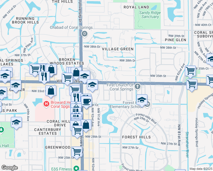 map of restaurants, bars, coffee shops, grocery stores, and more near 8976 W Sample Rd in Coral Springs