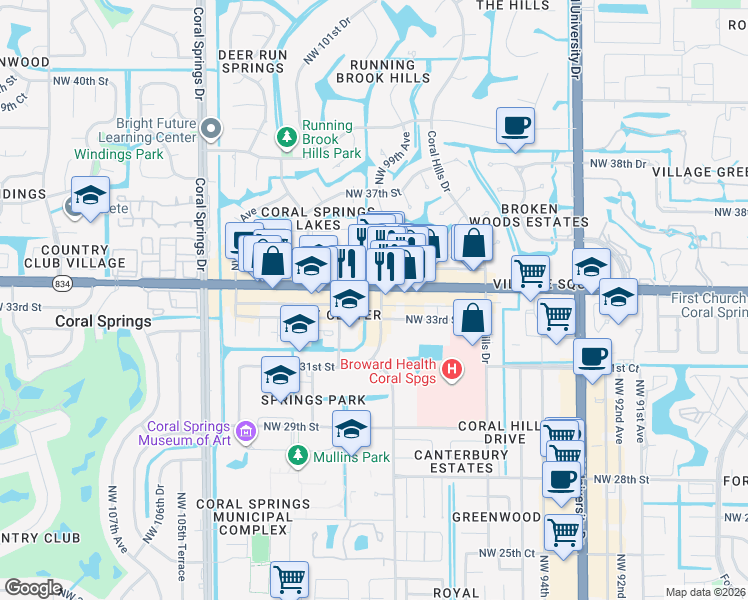 map of restaurants, bars, coffee shops, grocery stores, and more near 9900 West Sample Road in Coral Springs