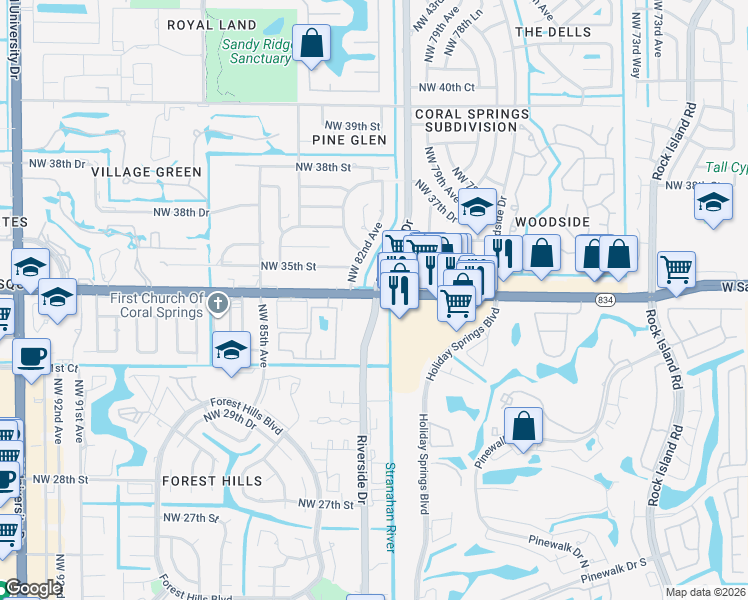 map of restaurants, bars, coffee shops, grocery stores, and more near 3390 Riverside Drive in Coral Springs