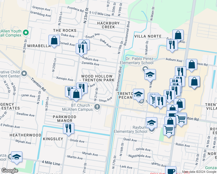 map of restaurants, bars, coffee shops, grocery stores, and more near 7416 North 20th Street in McAllen