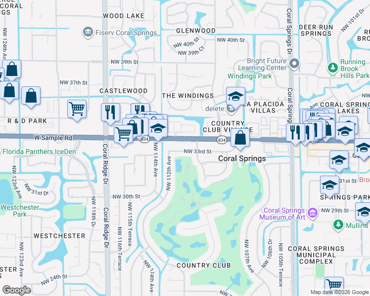 map of restaurants, bars, coffee shops, grocery stores, and more near 11200 West Sample Road in Coral Springs